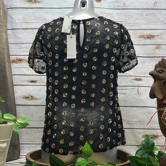 Piperlime Collection Sheer Black w/ Gold Sequin New Year Party Crew Neck Top S - Picture 2 of 8